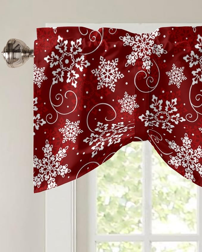 Christmas Blackout Tie Up Valance Curtains for Kitchen Windows Red White Snowflakes Pattern Window Toppers Balloon Shades for Living Room/Bathroom/Bedroom,1 Panel, 60" X 18", Winter