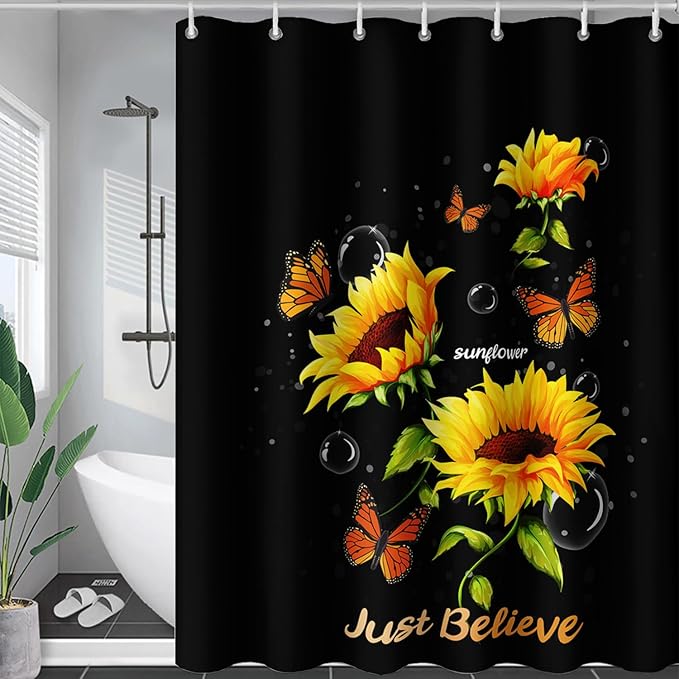 AILONEN Sunflower Shower Curtain for Bathroom,Butterfly Sunflower Bath Curtain Waterproof,Garden Yellow Flower Decor Bathroom Black Curtain with 12 Plastic Hooks, 60" W x 72" H