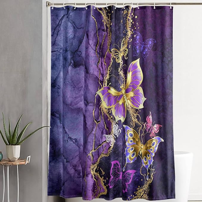 AILONEN Beautiful Butterfly Shower Curtain Bathroom 48" W*72" H Purple Butterfly Curtain Cloth Fabric Bathroom for Girls Kids,Marble Theme Shower Curtain Set