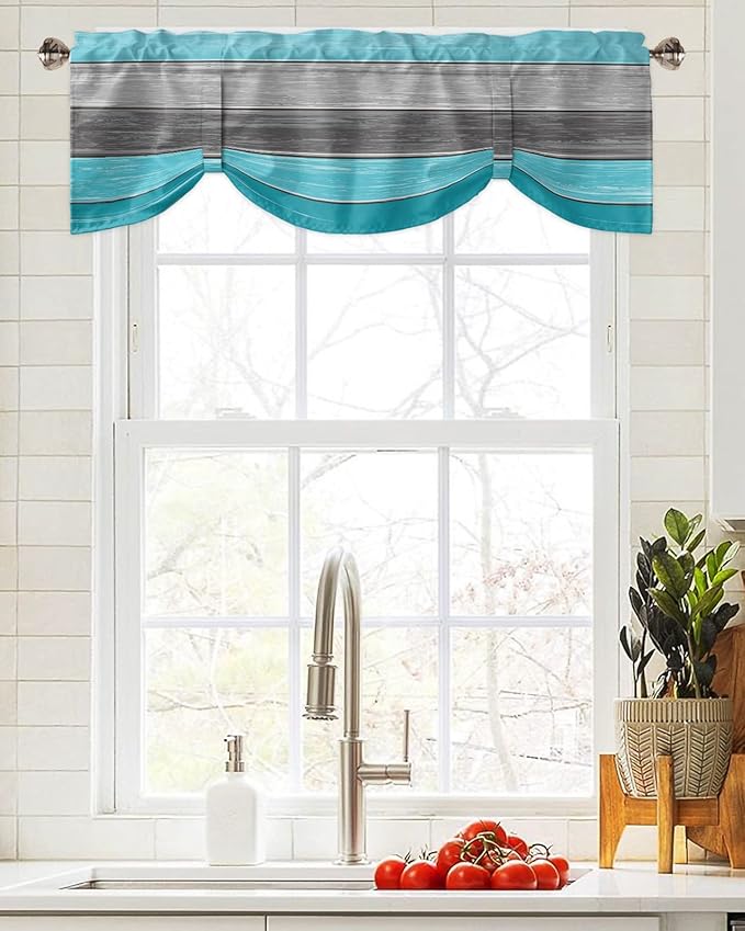 Farmhouse Blackout Tie Up Valance Curtains for Kitchen Windows, Aqua Blue Gray Window Toppers Balloon Shades for Living Room/Bathroom/Bedroom,1 Panel,42" X 12" Retro Rustic Barn Wood Texture
