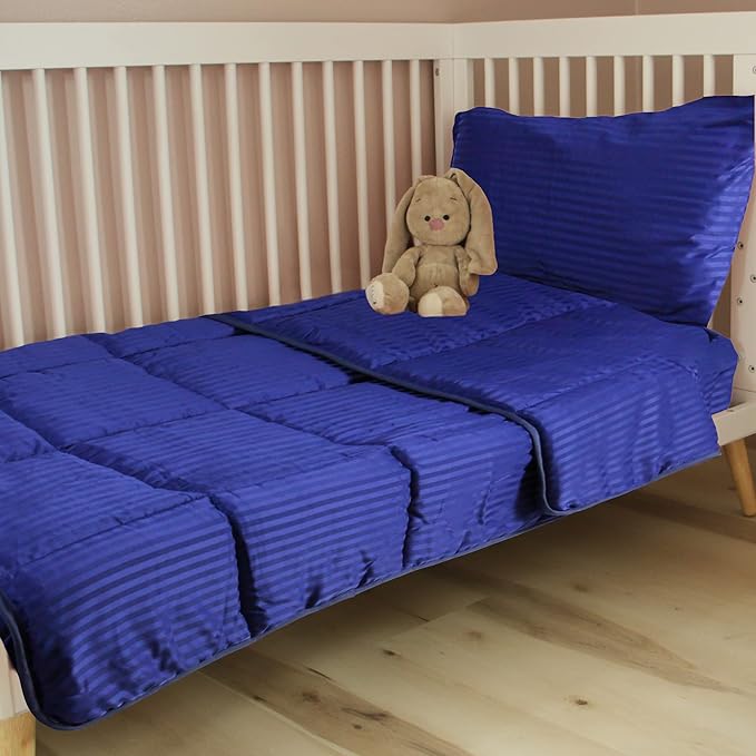 Toddler Bedding Set - 4 Piece Soft Crib Bedding Set for Boys, Includes Toddler Comforter, Flat Sheet, Fitted Sheet and Pillowcase, Blue Stripe