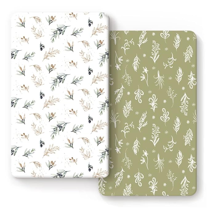 GRSSDER Stretchy Ultra Soft Jersey Knit Fitted Crib Sheets Set 2 Pack, Fits All Standard Crib Mattress Pads Safe and Snug, Stylish Botanical Olive for Baby