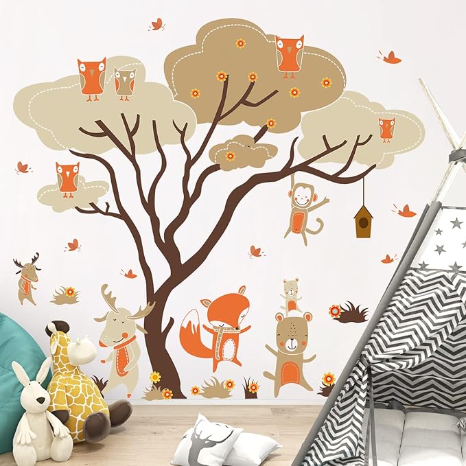 Woodland Animals Large Tree Wall Stickers Fox Deer Monkey Owl Wall Decals Removable DIY Peel and Stick Wall Decor for Kids Baby Bedroom Living Room