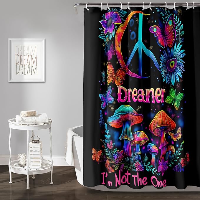 AILONEN Mushroom Shower Curtain for Bathroom,Butterfly Flower Design,Polyester Fabric,Waterproof,Blue Purple Fungus Plants Black Bath Curtains Washable,with 12 Plastic Hooks, 60" W x 72" H