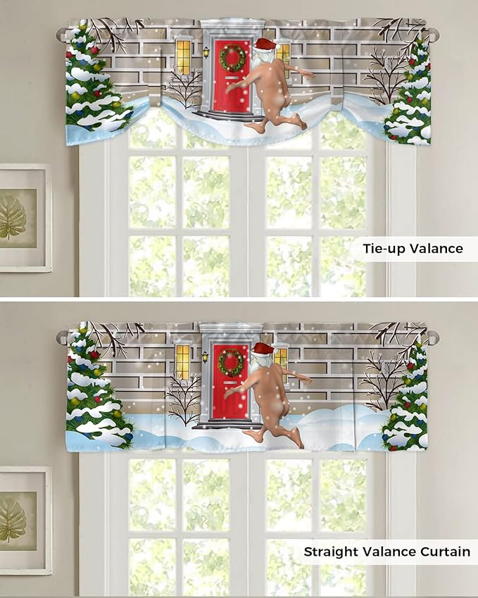 Christmas Farmhouse Blackout Tie Up Valance Curtains for Kitchen Windows Funny Santa Claus Window Toppers Balloon Shades for Living Room/Bathroom/Bedroom,1 Panel,42" X 18" Holly Xmas Tree