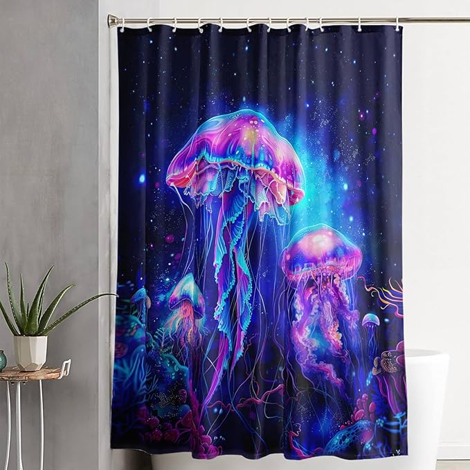 AILONEN Jellyfish Shower Curtain,Cartoon Magic Jellyfish Waterproof Fabric Shower Curtain Set for Bathroom,Boho Style Starry Night Coral Bath Curtain with Hooks for Kids Girls, 72" W*72" H