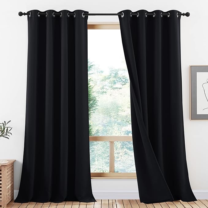 NICETOWN Cold Blocking 100% Black Out Curtains 95 inch Long, Durable Same Color Lined Blackout Drapes for Bedroom, Energy Saving Long Curtains for Patio Sliding Door, 52 inches x 95 inches, 2 Panels