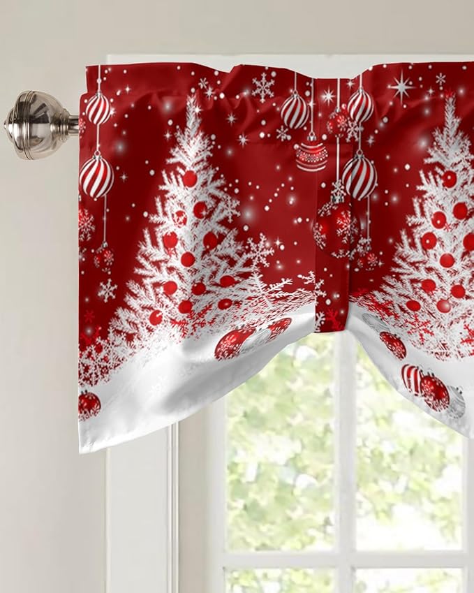 Red Christmas Blackout Tie Up Valance Curtains for Kitchen Windows White Xmas Tree Snowflakes Red Balls Window Toppers Balloon Shades for Living Room/Bathroom/Bedroom,1 Panel, 42" X 12", Winter