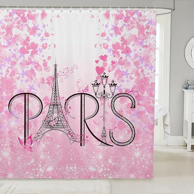 Feelyou Eiffel Tower Shower Curtain 72"x72" Kids Romantic Paris Bathroom Shower Curtain Set for Boys Girls Teens Pink Butterfly Bath Curtain Modern French Botanical Floral Print Bathroom Accessories