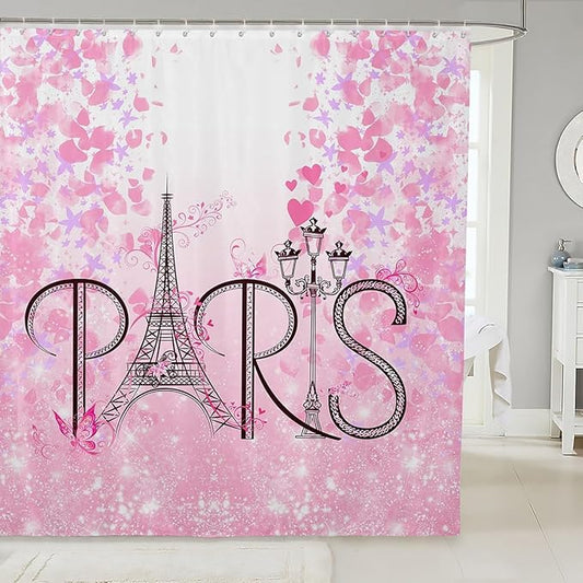 Feelyou Eiffel Tower Shower Curtain 72"x78" Kids Romantic Paris Bathroom Shower Curtain Set for Boys Girls Teens Pink Butterfly Bath Curtain Modern French Botanical Floral Print Bathroom Accessories