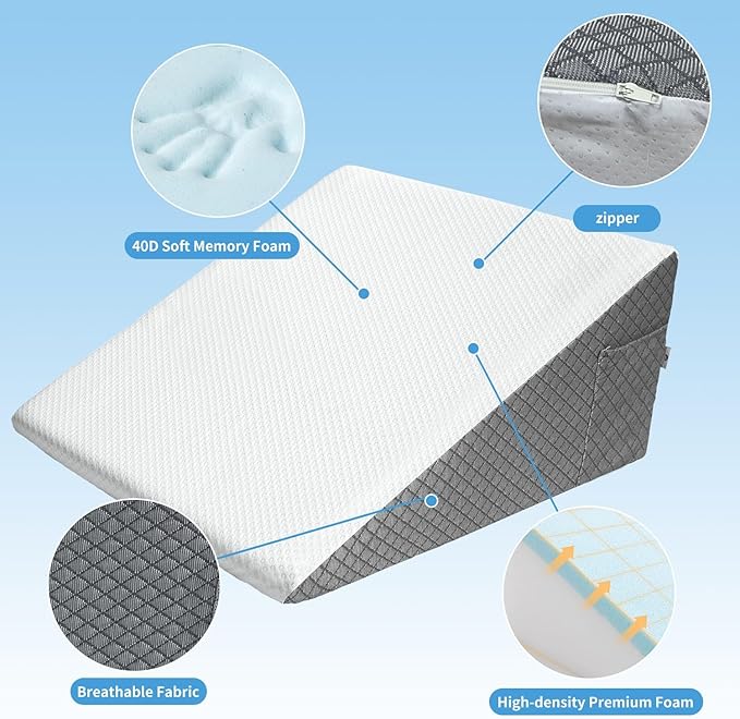 Bed Wedge Pillow with Memory Foam Top | 8 inch Microfiber Cooling Triangle Pillow with Pocket |Wedge Pillow for Sleeping Acid Reflux Gerd Snoring Back Pain