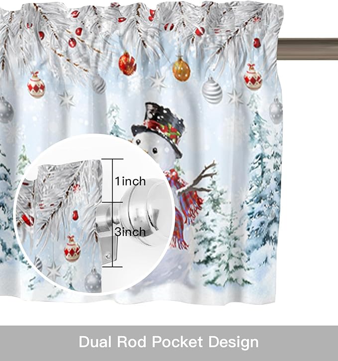 Snowman Valance Curtains for Kitchen Windows Blue Merry Christmas Tree Red Balls Squirrel Rod Pocket Window Treatment Toppers for Kitchen/Living Room/Bedroom/Bathroom, 42" X 18", Winter