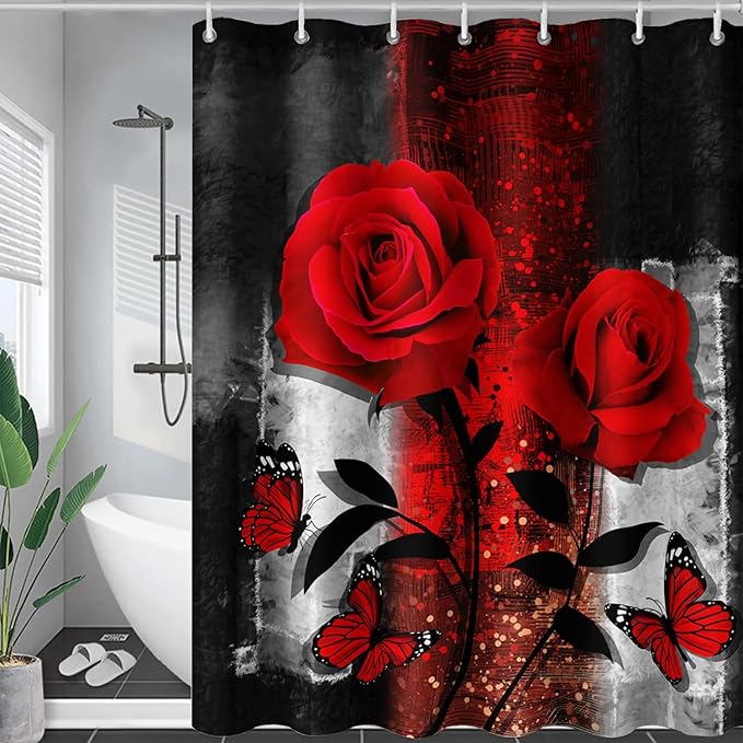 AILONEN Red Rose Shower Curtain for Bathroom, Romantic Rose Flower Bath Curtain,Grey Abstract Waterproof Floral Butterfly Print Shower Curtain Decoration with 12 Plastic Hooks, 72" W*96" H