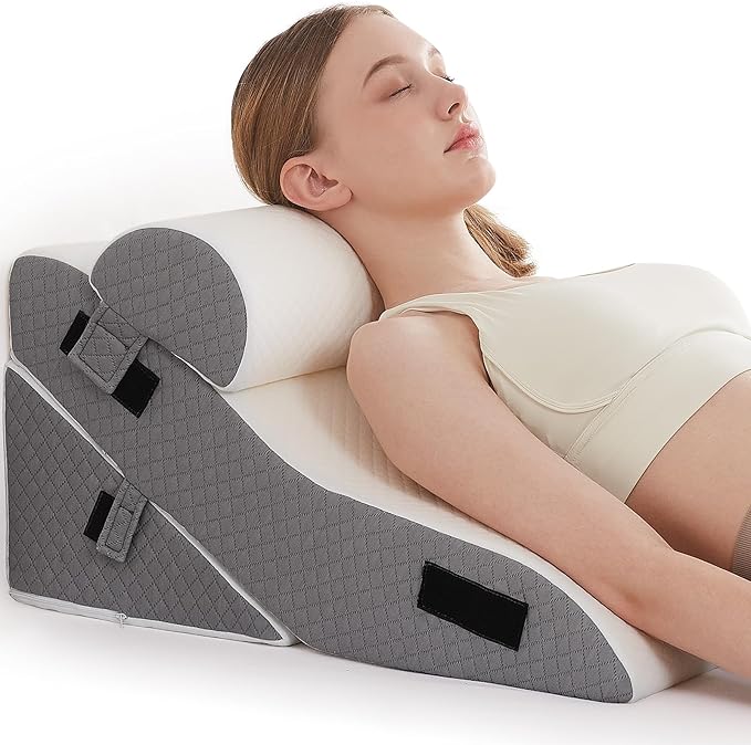 3 PCS Upgraded Bed Wedge Pillow for Sleeping - 35D Post Surgery Pillow for Back Leg Pain Relief - 16.5" Wide Wedge Pillows for After Surgery for Acid Reflux & GERD & Snoring(White Grey)