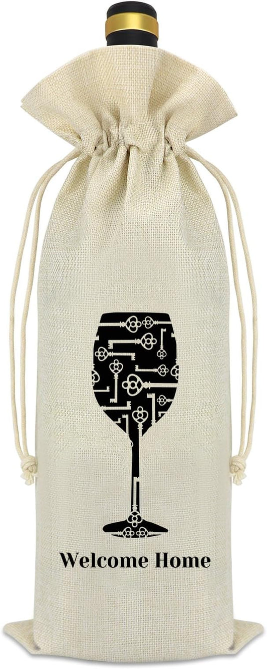 Housewarming Gifts for New House Wine Bag New Home Owners Gift House Warming Gifts Gift for Newlywed Couple Women Friends New Homeowner New Home Gift for Home Drawstring Burlap Wine Bottle Bag