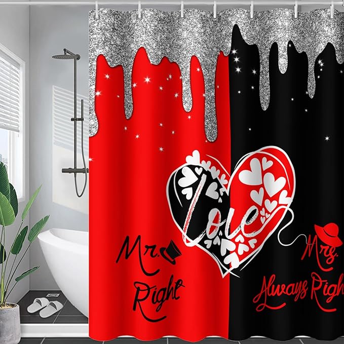 AILONEN Mr Mrs Black and Red Shower Curtain,Love Hearts Pattern Mr Right Mrs Always Right Theme Bath Curtain,Modern Print Decoration Waterproof Shower Curtain with 12 Plastic Hooks, 48" W*72" H
