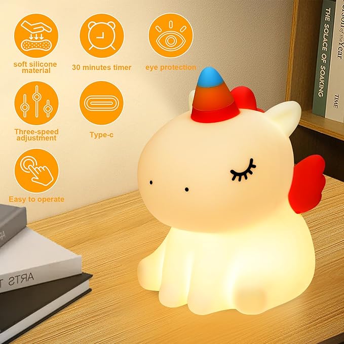 Unicorn Night Light for Kids, 3 Level Dimmable Cute Night Lamp for Girls, Led Rechargeable Squishy Silicone Small Nightlight Decor Gifts for Baby Nursery Toddler Bedroom