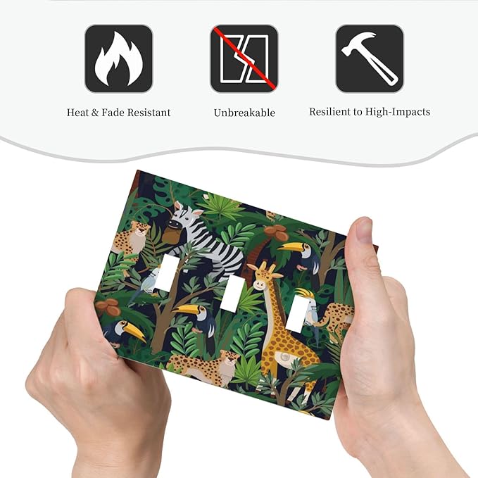 Cartoon Animal Zebra Leopard Giraffe Bird Leaf 3 Gang Nursery Light Switch Covers Decorative Triple Toggle Wall Plate Electrical Faceplate Switchplate for Kidroom Bedroom Decor