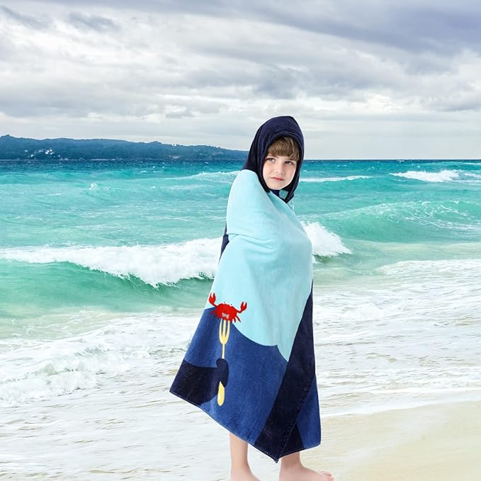 Kids Bath and Beach Soft Cotton Terry Hooded Towel Wrap, 30" x 50", Happy Shark