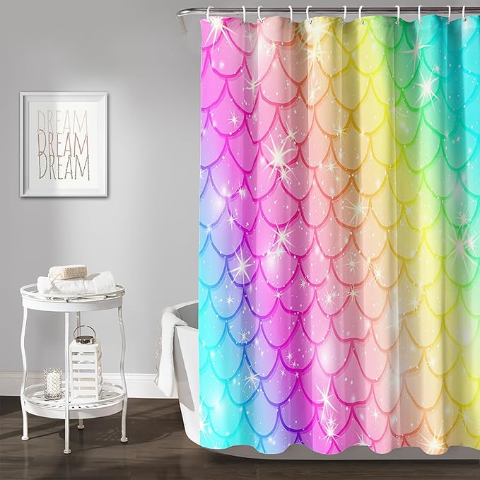 AILONEN Mermaid Scale Shower Curtain,Rainbow Mermaid Scale Bath Curtain Gifts for Girls,Polyester Waterproof for Bathroom with 12 Plastic Hooks 72" W*72" H