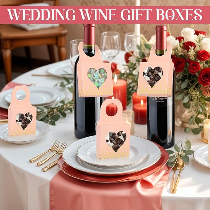 Megitzuu 50 Pieces Wine Bottle Box with Window, Pink Wine Boxes for Gifts Hanging Foldable Wine Gift Boxes Kraft Paper Wine Bottle Hanger Favor Box for Holding Candy Truffles Chocolate Cookies