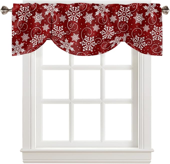 Christmas Blackout Tie Up Valance Curtains for Kitchen Windows Red White Snowflakes Pattern Window Toppers Balloon Shades for Living Room/Bathroom/Bedroom,1 Panel, 54" X 18", Winter