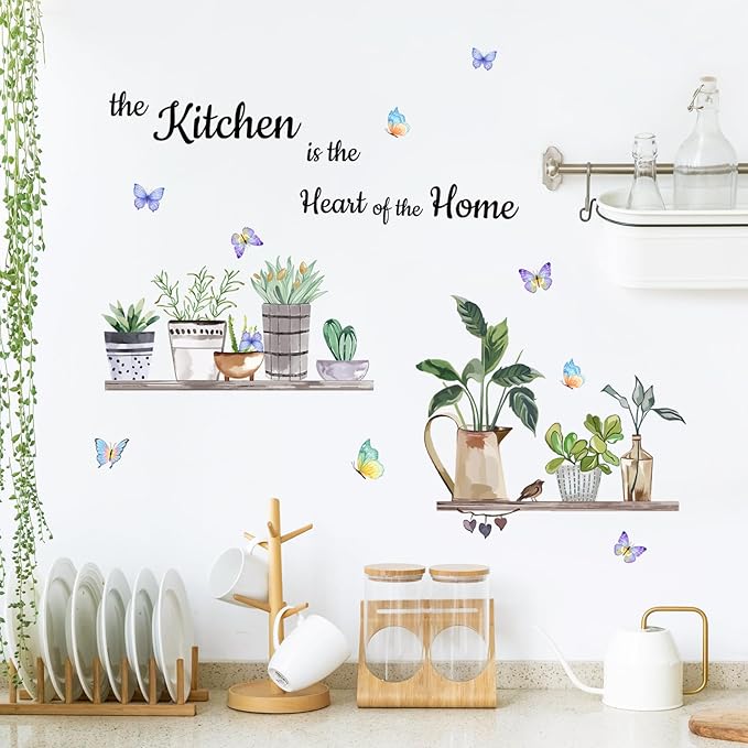 Green Plants Shelves Wall Deals Potted Plants Leaves Wall Stickers The Kitchen is The Heart of Home Word Saying Peel and Stick Wall Art Decals for Kitchen Dining Room Restaurant Living Room Wall Decor