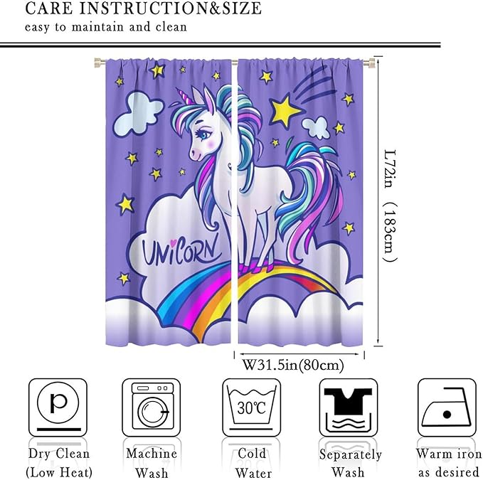 Kids Unicorn Curtains Purple Cartoon Rainbow Cartoon Room Blackout Curtains Boys Girls Baby Room Decor Curtains Living Room Decor 63x72 Inch 2 Panels