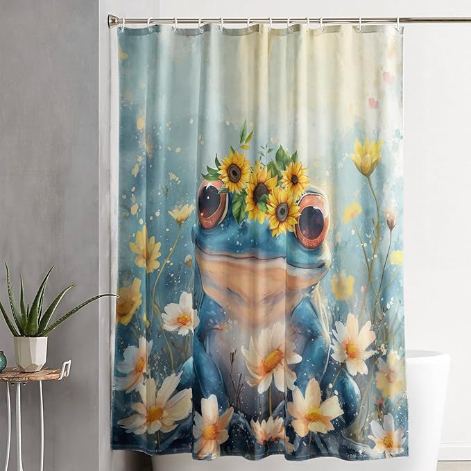AILONEN Cartoon Frog Shower Curtain,Blue Frog with Sunflowers Polyester Cloth Bath Curtain Set for Kids Boys Girls,Amphibious Animals Shower Curtains for Bathroom,72" W*96" H