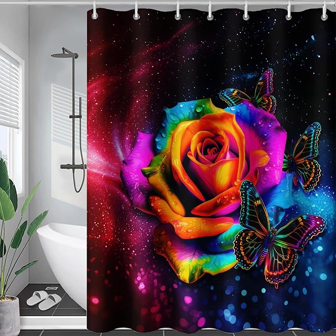AILONEN Colorful Rose Shower Curtain for Bathroom Decor,Butterfly Galaxy Rose Flower Bath Curtain for Girls Women,Modern Romantic Curtain Waterproof with 12 Plastic Hooks, 36" W*72" H
