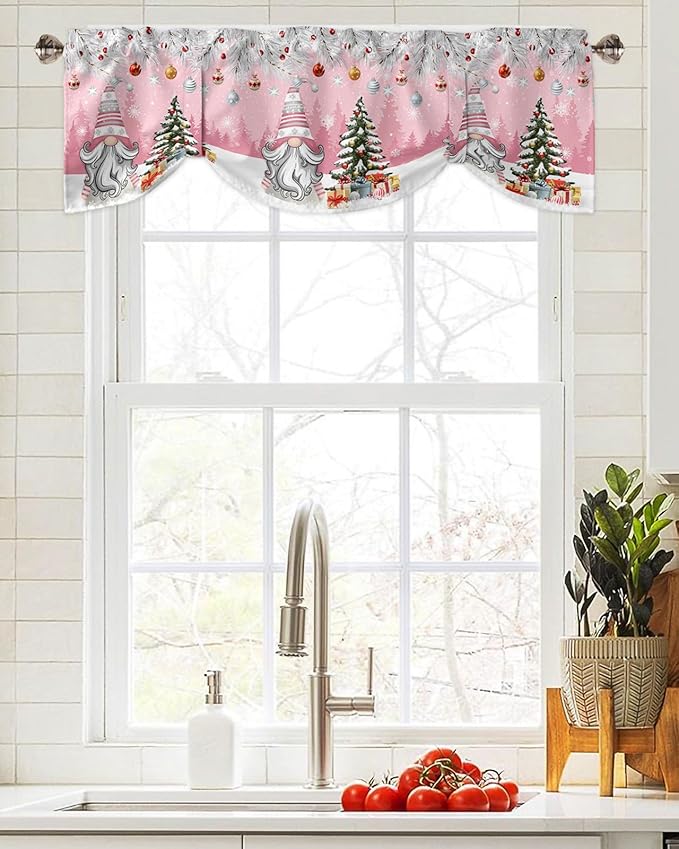 Christmas Gnome Blackout Tie Up Valance Curtains for Kitchen Windows Winter Merry Christmas Tree Balls Window Toppers Balloon Shades for Living Room/Bathroom/Bedroom,1 Panel, 60" X 18", Pink
