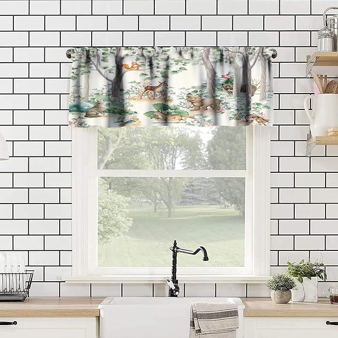 Forest Animal Kitchen Valances,Fox Elk Bird Animal Watercolor Woodland Print Kitchen Curtains Valances Kids Nursery Bedroom Living Room Cafe Home Decoration 54x18 Inch, 1 Panel