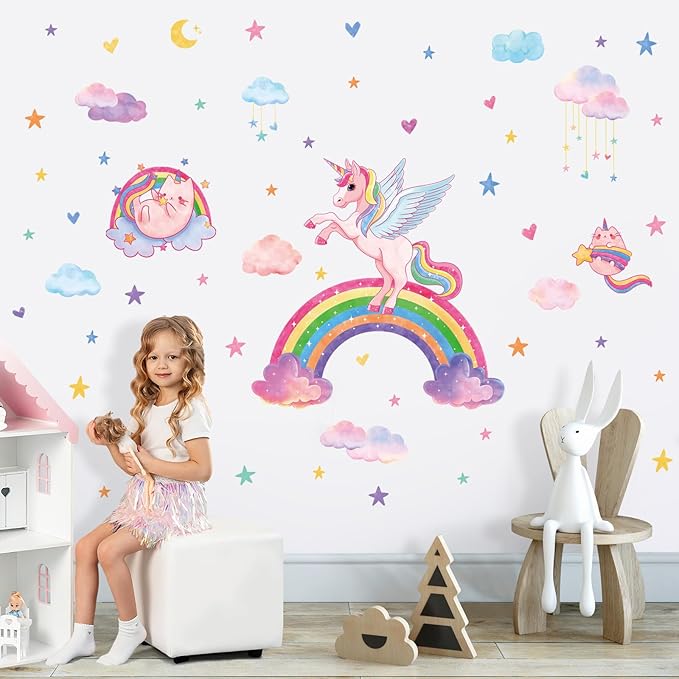 MORCART Rainbow Wall Decal Unicorn Wall Stickers Moon Cat Hearts Clouds Watercolor Stars Removable Vinyl Decals for Nursery Kids Girls Bedroom Birthday Party Wall Decor