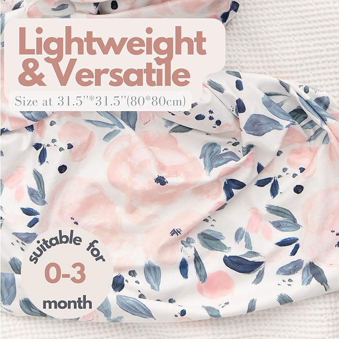 Newborn Baby Girl Receiving Blanket Swaddle Blanket Stretchy Knit Swaddle Set with Matching Headband and Beanie (Ink and Pink Floral)