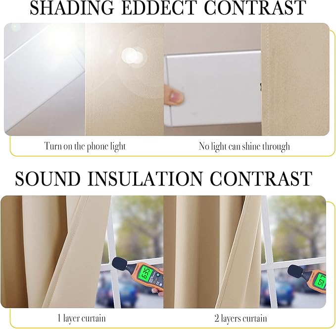NICETOWN Thermal Insulated 100% Blackout Curtains, Noise Reducing Performance Drapes with Lining, Full Light Blocking Drapery Panels for Patio (Biscotti Beige, 1 Pair, 52 inches x 95 inches)