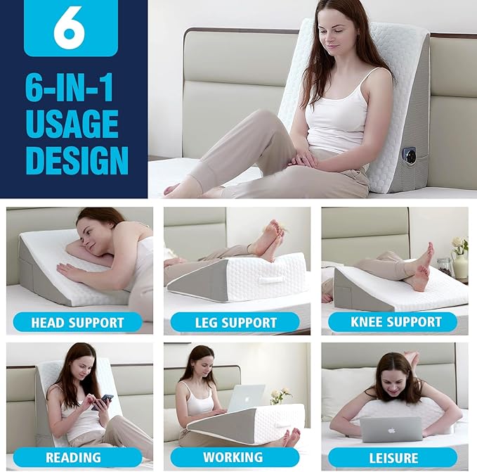 Cooling Wedge Pillow for Sleeping, 10" Elevated Support Bed Wedge Pillow,Cooling Memory Foam Top,Elevated Support Triangle Pillow for Acid Reflux & Snoring,with Air Layer Wedge Cover (Grey)