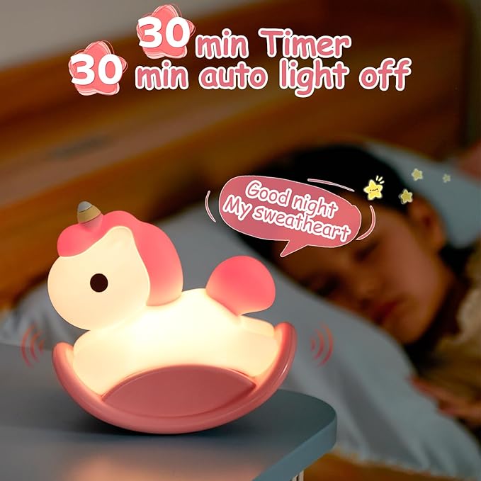Unicorn Night Lights for Kids Bedroom, LED Squishy Unicorn Lamp with Wobbling Amusement, Silicone Dimmable Nursery Nightlight, Rechargeable Bedside Touch Lamp with 30min Timer, Pink