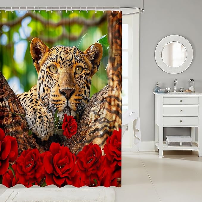 Feelyou Rose Leopard Shower Curtain Leopard Bath Curtain Boys Leopard Bathroom Shower Curtain Set Kids Toddler Wild Leopard Kids Bathroom Accessories Wildlife 72"x72"