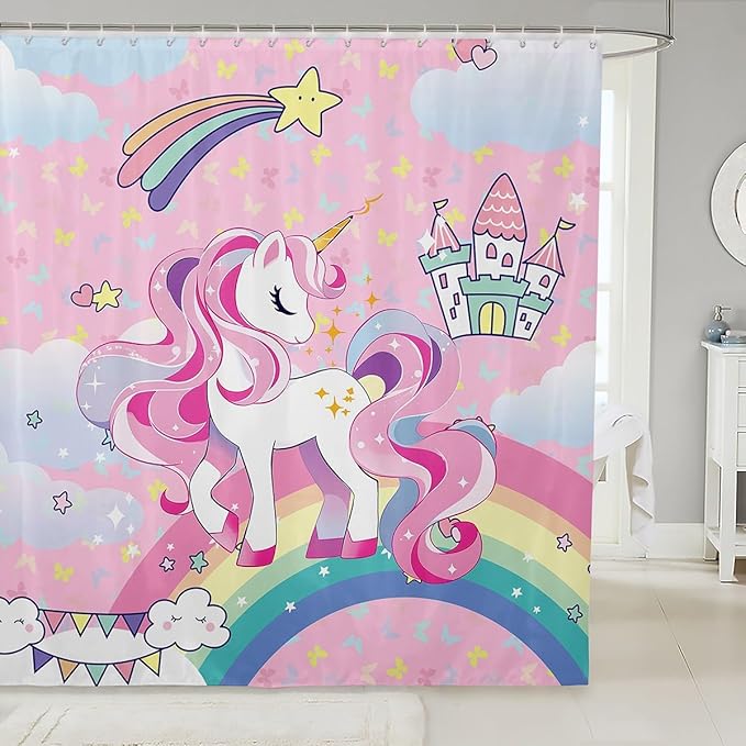 Feelyou Unicorn Shower Curtain Cute Unicorn Bath Curtain Cartoon Unicorn Bathroom Shower Curtain Set for Kids Toddler Boys Girls Girl Unicorn Kids Bathroom Accessories 72"x84"