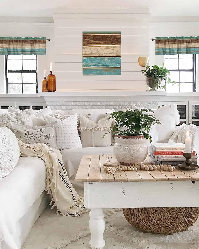 Farmhouse Kitchen Curtains Valances for Windows Teal Turquoise Green Brown Country Rod Pocket Window Treatment for Kitchen /Living Room/Bedroom/ Bathroom,60" X 18" -1 Panel, Retro Rustic Barn Wood