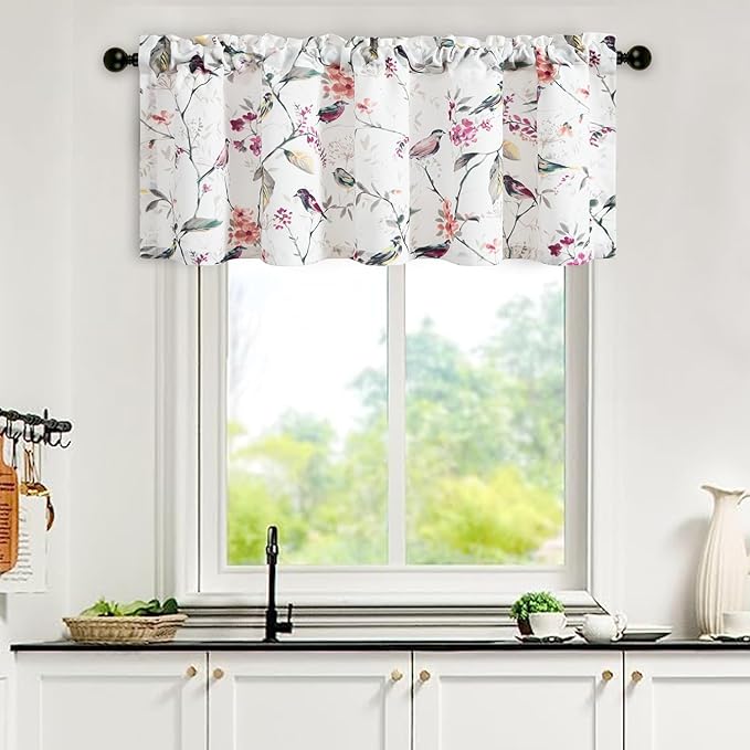 Leeva Window Valances for Laundry Bedroom Living Room, Birds Vines Printed Small Curtains Rod Pocket Vintage Semi-Blackout Valance for Windows, 52 x 18 Inch, Purple Birds, One Panel