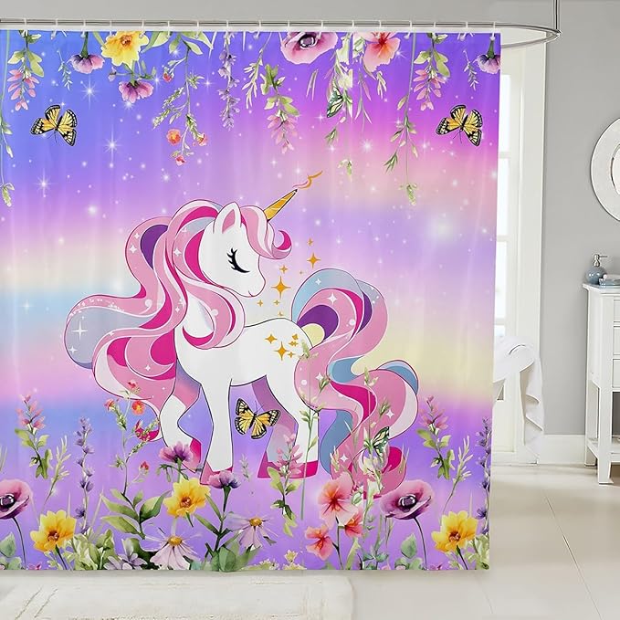 Feelyou Unicorn Bath Curtain Cute Unicorn Shower Curtain Cartoon Unicorn Bathroom Shower Curtain Set for Kids Boys Girls Girl Unicorn Kids Bathroom Accessories 72"x78"
