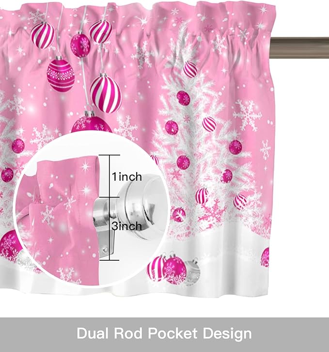 Pink Christmas Valance Curtains for Kitchen Windows White Xmas Tree Snowflakes Pink Balls Rod Pocket Window Treatment Toppers for Kitchen/Living Room/Bedroom/Bathroom, 54" X 18", Winter