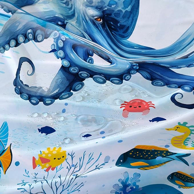 AILONEN Blue Octopuses Shower Curtain Set, Cartoon Octopus Creature Waterproof Fabric Shower Curtain,Ocean Animal Cloth Bath Curtain,Watercolor Blue Shower Curtain Liner with Hooks,72" Wx72 H