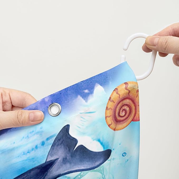 AILONEN Cute Cartoon Whale Shower Curtain,Kawaii Marine Animal Whale Bathroom Curtain for Kids Girls Boys,Blue Tie Dye Bath Curtain Set,Seaweed Fabric Shower Curtains for Bathroom, 36" W*72" H