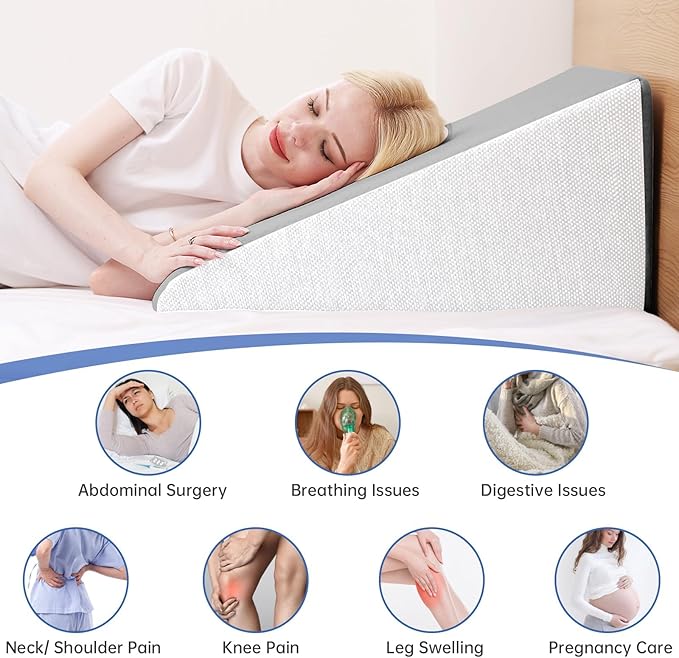 QUINEEHOM Bed Wedge Pillow for Sleeping, 12 Inch Triangle Bed Wedge for Adults, Memory Foam Wedge with Washable Cover, Hypoallergenic 30 Degree Pillow for Acid Reflux, Knee, Snoring, White&Light Grey