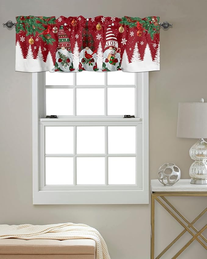 Christmas Gnomes Kitchen Curtains Valances for Windows Red Winter Holidays Rod Pocket Window Treatment for Kitchen /Living Room/Bedroom/ Bathroom,60" X 18" -1 Panel, White Snowflakes Xmas Trees