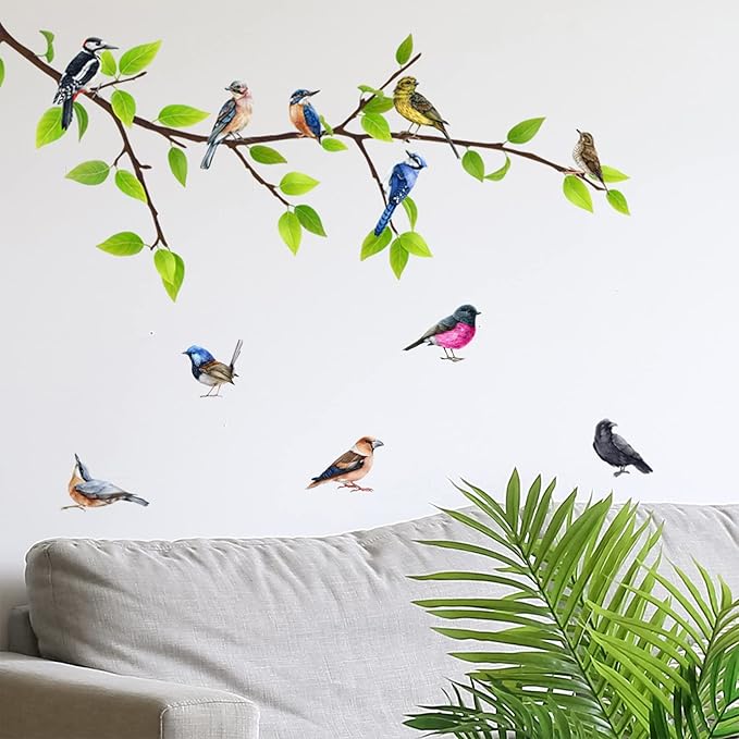 Hummingbird on The Tree Branch Wall Sticker, Colorful Birds Green Tree Decals, Removable Green Leaf and Flying Bird DIY Art Wall Decal for Garden Living Room Bedroom Kitchen Nursery Room