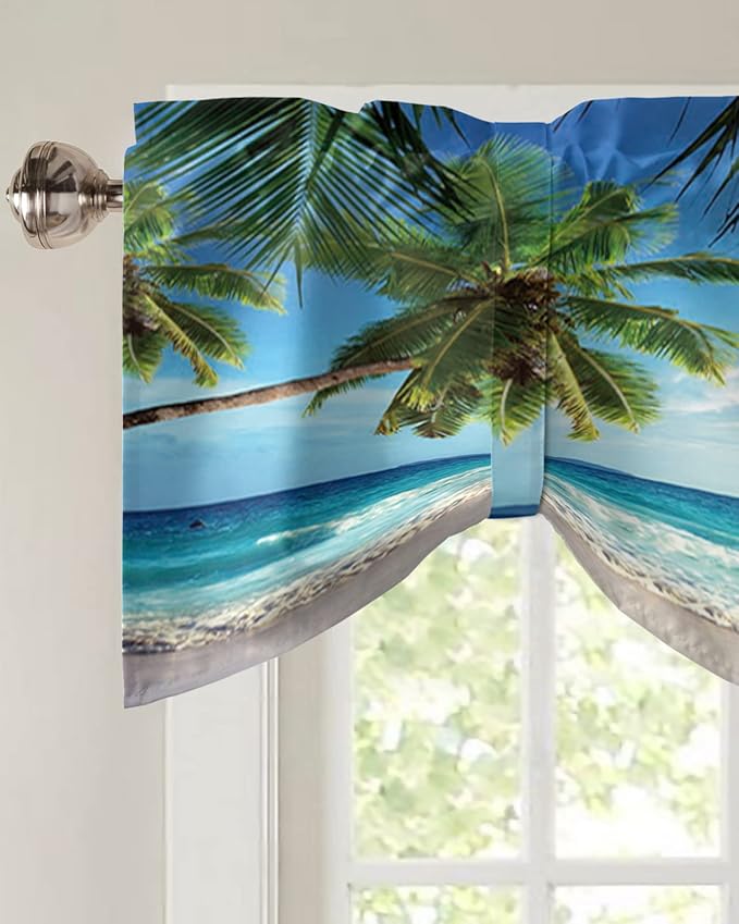 Palms Tree Ocean Blackout Tie Up Valance Curtains for Kitchen Windows Tropical Sea Window Toppers Balloon Shades for Living Room/Bathroom/Bedroom,1 Panel,42" X 18" Beach Theme