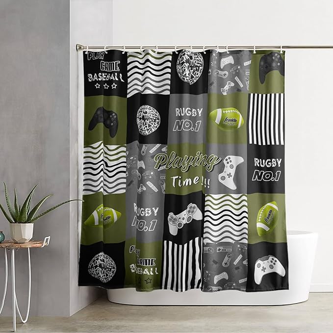 AILONEN Gamer Shower Curtain,Olive Green Ball Sports Waterproof Fabric Shower Curtain for Boys Kids Teens, 72" W*96" H Gaming Gamer Theme Shower Curtain Sets